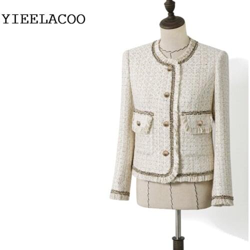 Tweed Jacket Women Beige Bright Sequin Fabric 2020 Spring / Autumn Jacket New Style Graceful Neck Long Sleeve Coat