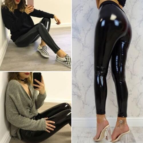 New Hot Autumn Fashion Women Personality Black Pu Leather Stretch Bodycon Pleated Patchwork Punk Rock Pencil Slim Long Pants