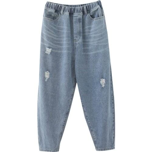 150Kg Plus size womens elastic hole casual nine-point jeans 5XL 6XL 7XL 8XL loose denim pants blue