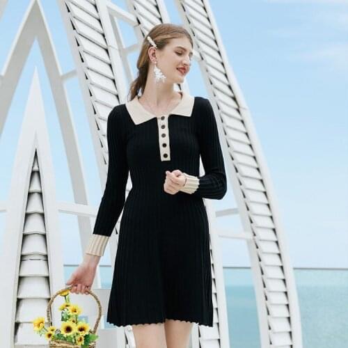 2021 Spring Autumn Women Dress Knit Fashion Button Turn-down Collar Slim Mini Party Dress Women Long Sleeve Solid A-line Dresses