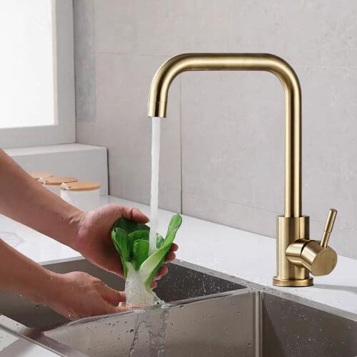 Gold Brushed Kitchen Faucet Stainless Steel Deck Mounted Sink Water Tap 360 Rotation Mixer Tap