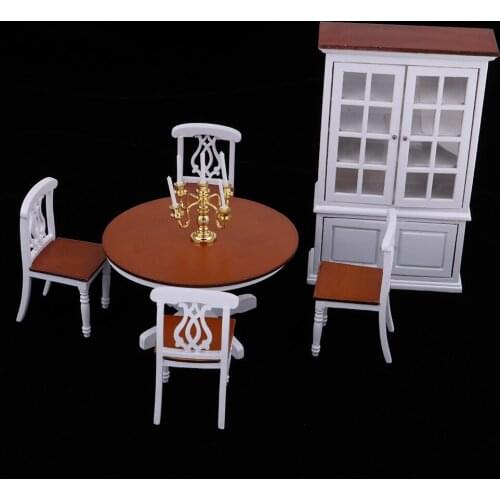 1/12 Dollhouse Dining Room Furniture Kit – White Wooden Table Chair Candlestick Display Cabinet Model