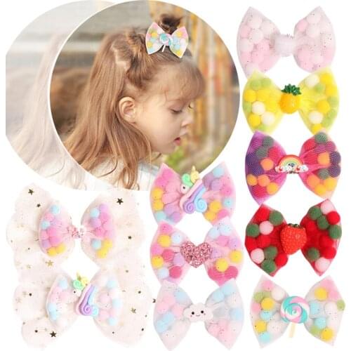 10pcs Colorful Pom Pom Ball Mesh Hair Bows for Girls Rainbow Unicorn Princess Hair Clips Party Dance Headdress Hair Accessories