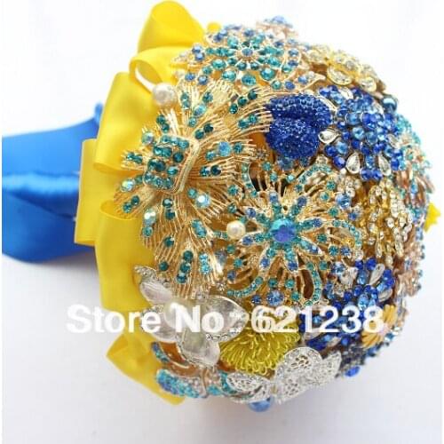 EMS free shipping,Red and blue wedding holding flowers / yellow and blue contrasting color bride jewelry bouquet