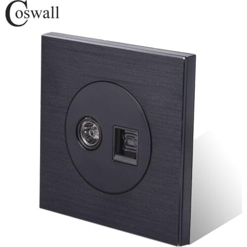 Coswall Aluminum Panel Female TV Connector With CAT3 RJ11 4 Core Telephone Jack Wall Socket Knight Black R12 Series