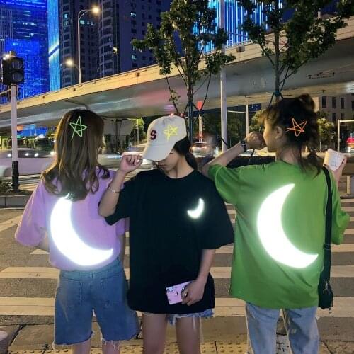 Women t shirts moon reflect light in night o-neck tees ins students T shirts loose tops women summer clothing short sleeve