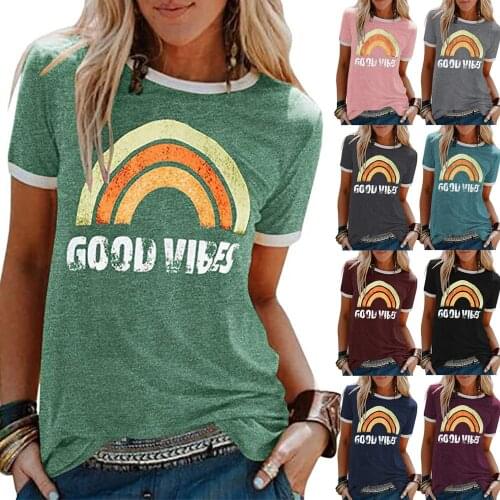 GOOD VIBES Rainbow Print T-shirt For Women Casual Summer Tops 2021 New O-Neck Short Sleeve Loose Tshirt Woman Clothes Plus Size