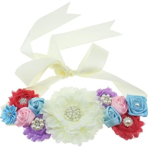 Artificial Flower Sash with Pearl Rhinestone Handmade Polygonal Floral Maternity Waistband Adjustable Belt Clothing Accessories