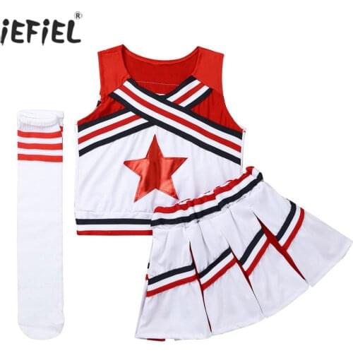 Girls Clothes Set Carnival Cosplay Party Cheerleader Costume Red Star Applique Tops with Skirt Set Cheerleader Uniform Clothing