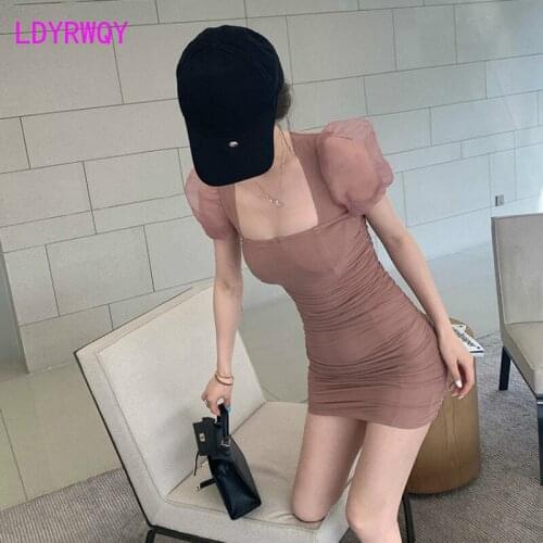 Korean version of the new square collar bubble sleeve pleated solid color dress summer waist was thin and temperament sweet