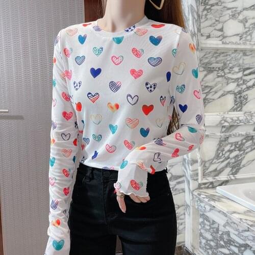 Ice Silk Sun Protection Bottoming Shirt for Women Summer Long Sleeve Mesh T-shirts Inner Wear Thin Cartoon Love Print Gauze Top