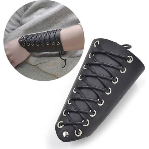 1 Pcs Men Leather Arm Warmers Lace-Up Gauntlet Wristband Arm Armor Cuff Cross String Wide Bracer Protective Steampunk Cosplay