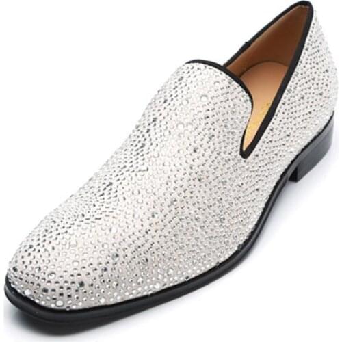 2019 Men dress shoes white leather shoes point toe flats glitter wedding shoes male business shoes mens diamond stud derby flats