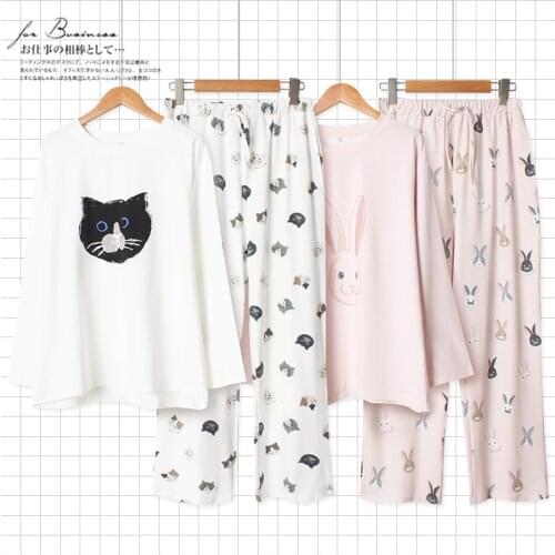 New ladies spring and summer pajamas suit, long-sleeved trousers and comfortable home wear, loose cotton round neck sleepwear