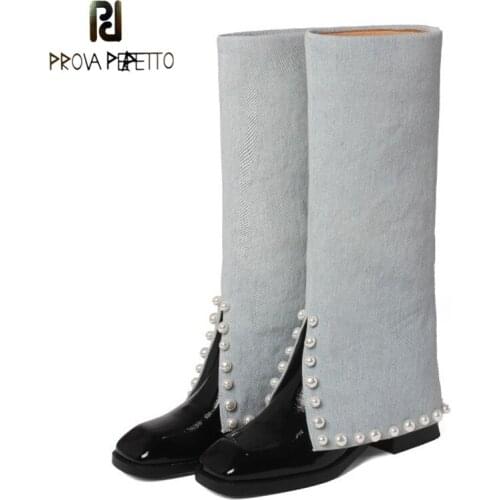 2021 Autumn Round Toe Mid-heel High Boots But Knee Boots Stitching Denim Beaded Trousers Boots Folding Female Knight Boots