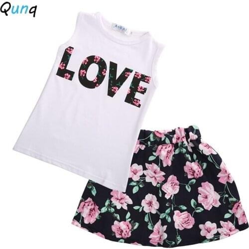 2 3 4 5 6 7 8 Year Girls Suits Summer Casual Toddler Children Clothing Set LOVE Letter White Vest Flower Skirt Kids Clothes