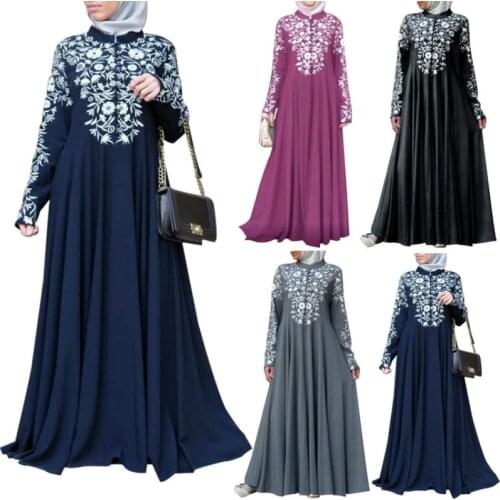 Middle East Abaya Dress For Women Fashion New Muslim Long-sleeved Stand-up Collar Flower Print Big Swing Dress Ethnic Style