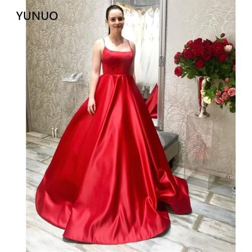 YUNUO Simple Prom Evening Dress Long 2021 Satin Womens Ball Gown Spaghetti Straps Party Formal Dress Abiye Robe De Soiree