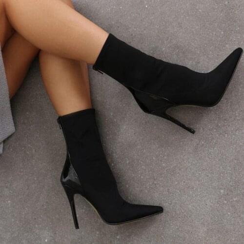 Pointed Toe Sock Boots Mid-Calf Thin High Heels Boots Shoes Woman Elastic Ladies Fashion Pumps Red Black Shoes Plus Size 35-42