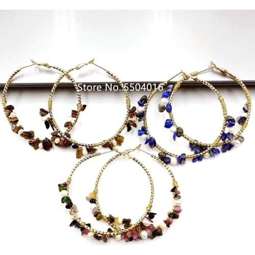 Big Round Natural Stone Chip Natural Fresh water Pearl Hoop Earrings Large Statement Hanging Hoop Earrings 2020 Fashion Jewelry