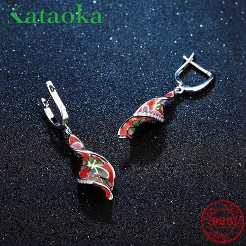 Fashion 925 Sterling Silver DIY Luxury brown Red flower Pattern Green Enamel fine Dangle Earrings For women Party Jewelry 2018