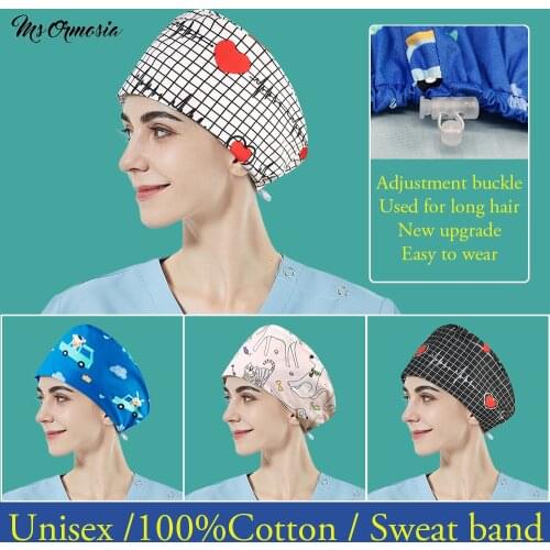 Pet Clinic Doctor Working Hat for Long Hair with Sweatband Multicolor Adjustable Scrubs Women Cap Cotton Operating Room Work Hat