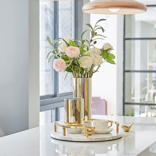 Luster Gold Glass With White Marble Base Table Vase Flower Arrangement Ornament Modern Home Living Room Desktop Accessories