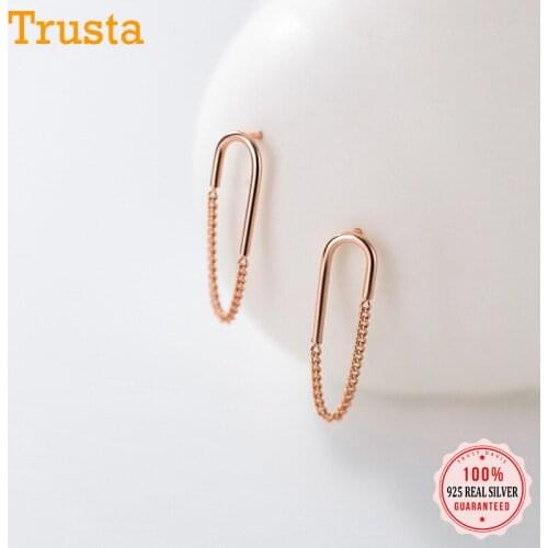TrustDavis Genuine 925 Sterling Silver Fashion Ellipse Chain Charm Stud Earrings For Women Wedding Valentines Day Jewelry DB016