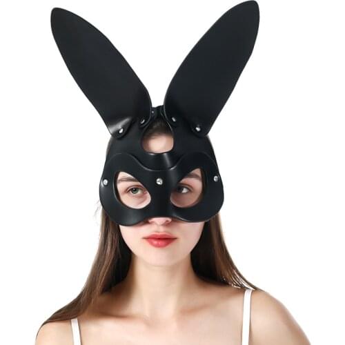 UYEE Women Sexy Punk Cosplay Rabbit Bunny Leather Mask Fetish Erotic Cat Ear Halloween Masquerade Carnival Party Cosplay Mask