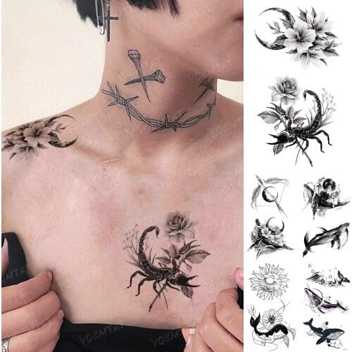 Waterproof Temporary Tattoo Sticker Scorpion Moon Flower Leaf Black Tatto Shoulder Chest Arm Fake Tatoo Man Woman Flash Tattoos