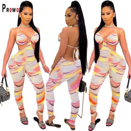 Prowow Sexy Women Jumpsuits 2021 New Summer Backless Rompers for Woman Sleevelss Print Female Streetwear Outfits Overalls