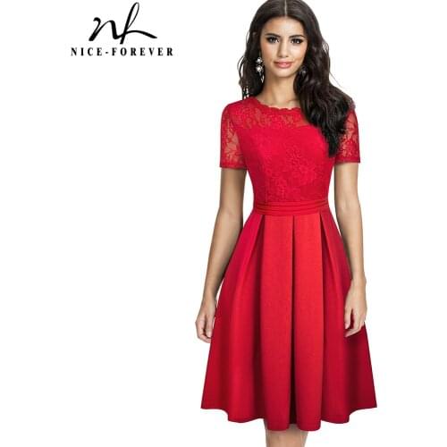 Nice-forever Elegant Lace Patchwork with Back V vestidos Party Retro Women Flare Swing Dress A203