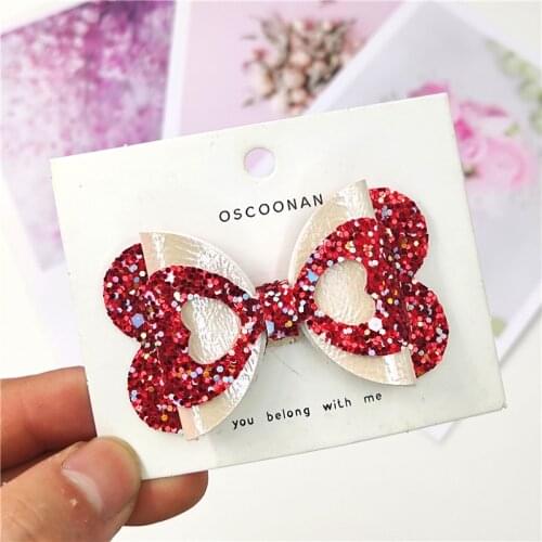 1PCS Cute LOVE Leather Glitter 2.6 Inch Bows Elastic Hair Bands Hairpin Clips Party Barrettes Hair Accessories For Baby Girls