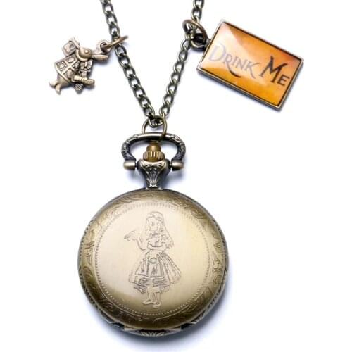 2017 Hot Xmas Gift Fashion Theme Alice in Wonderland Pocket Watch Clock Pendant Alice & Rabbit Necklace Cosplay Dropshipping