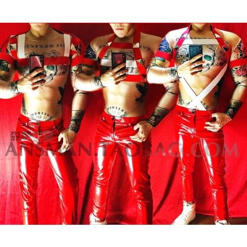 2018 original design rivets red and white elastic strap Costumes Sexy chest strap nightclub male ds party stage costumes