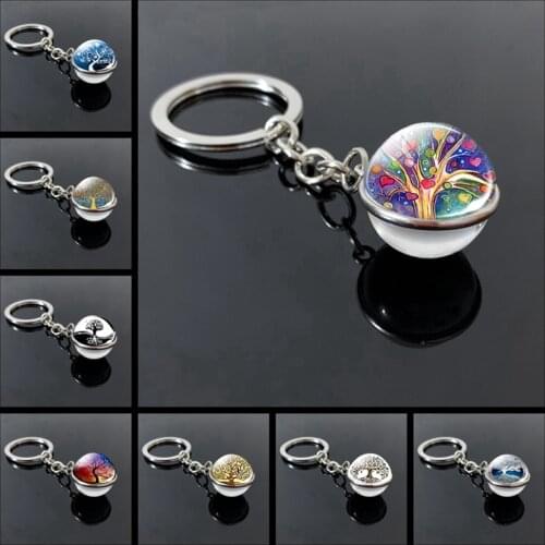 New Tree of Life Glass Ball Keychain Life Tree Ball Pendant Art Car Keychain Glass Convex Jewelry Keychain Lady Gift Direct