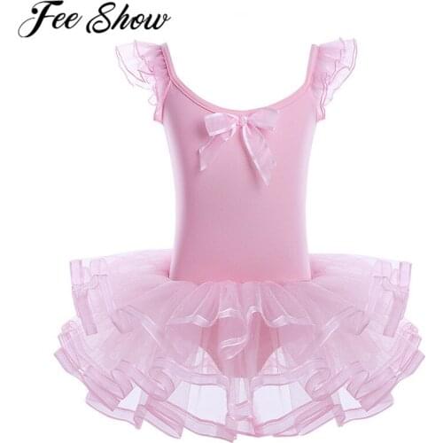 Kids Teens Cotton Mesh Ruffled Sleeves Professional Ballet Tutu Dress Girls Gymnastics Leotard Ballerina Dress Dancewear