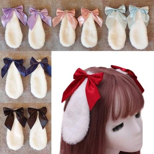 Women Girls Hair Clip Lolita Rabbit Bunny Plush Lop Ears Hairpins Candy Color Ribbon Bowknot Cosplay Hairpin Anime Accessories