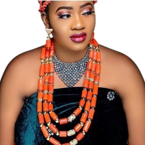 Fine Jewelry Sets African beads Orange Nature Coral Beads Jewelry Set Crystal Nigerian Choker Necklace Set Free Ship 2018