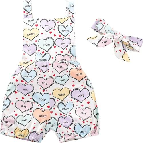 Girls Heart Printed 2Pcs Romper Set, Sleeveless Backless Bandage Short Pants Bodysuit with Headband for Summer Valentines Day