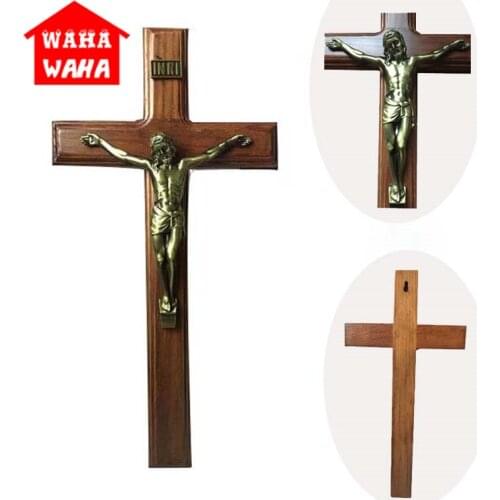 40*20CM Wall Hanging Wooden Bronze Cross Crucifix Jesus Christ Antique Silver Finish Jesus on INRI Cross Home Chapel Decor