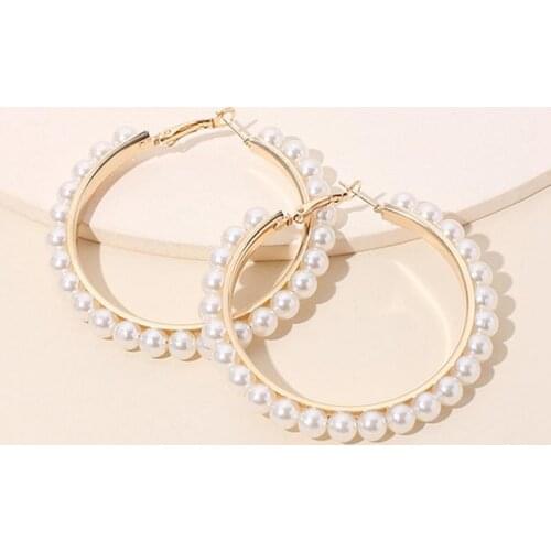 New Gold Color Metal Pearl Hoop Earrings Fashion Big Circle Hoops Statement Earrings for Women Party Jewelry