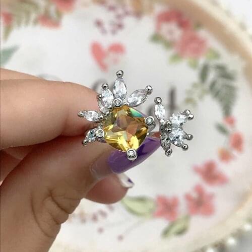 New Trend Leaf Adjustable Rings With Yellow Square AAA Cubic Zirconia Fine Jewelry Women Wedding Party Luxury S925 Accessories