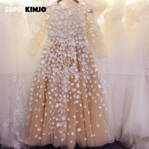 Real picture flower girls dress real picture lace appliques flowers long sleeve crew neckline girls wedding party dresses