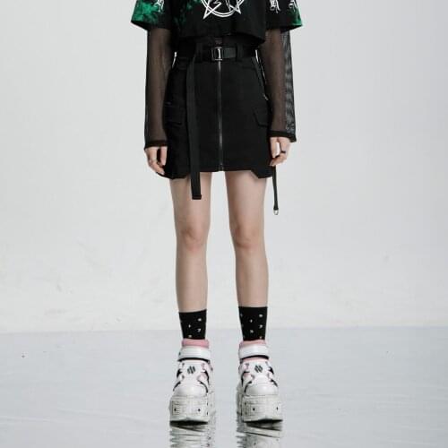 PUNKRAVE Womens Punk High Waist Half Skirt Street Style Cool Asymmetrical Fake Pocket Plaid Skirts