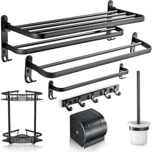 Bathroom Shelves Perforated-free toilet towel rack Towel rack Black space aluminum bathroom hardware pendant