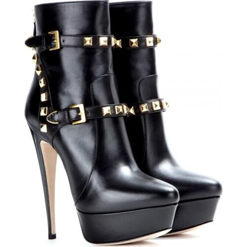 Richealnana Womens Platform Black Matte rivet Ankle Booties Thin High Heel Metal Plates Buckle Big Size Bootes