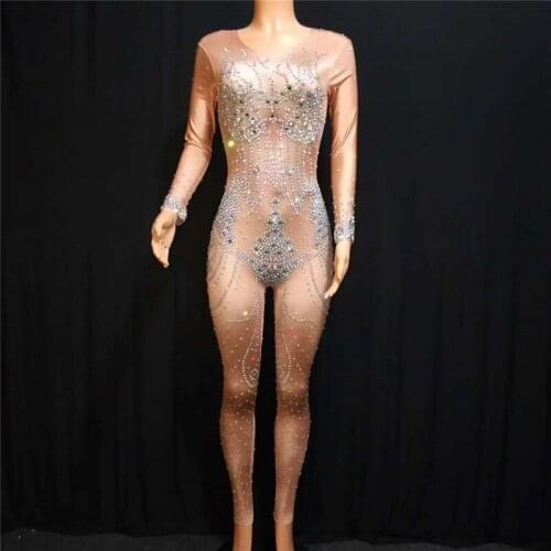 X64 Female stage costumes singer perform bodysuit rhinestone pearl jumpsuit pole dance dress clothing disco wear clothes party