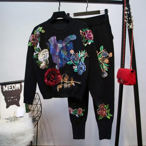 Women Autumn Winter Two Piece Sets Fashion Tracksuits O Neck Embroidery Sequined Flower Sweater and Knitted Pants Sets Outfits