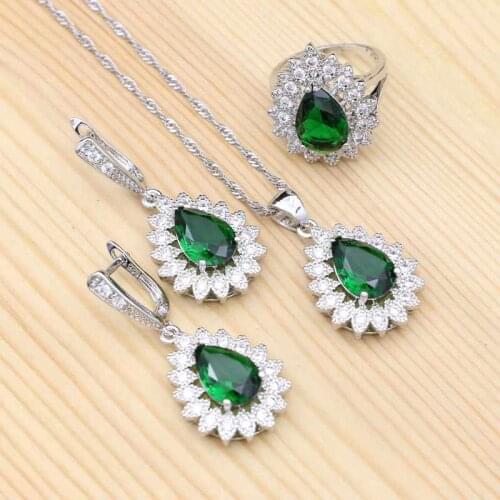 Silver 925 Bridal Jewelry Sets Natural Green Cubic Zirconia White Crystal Drop Earrings Pendant Necklace Ring For Women